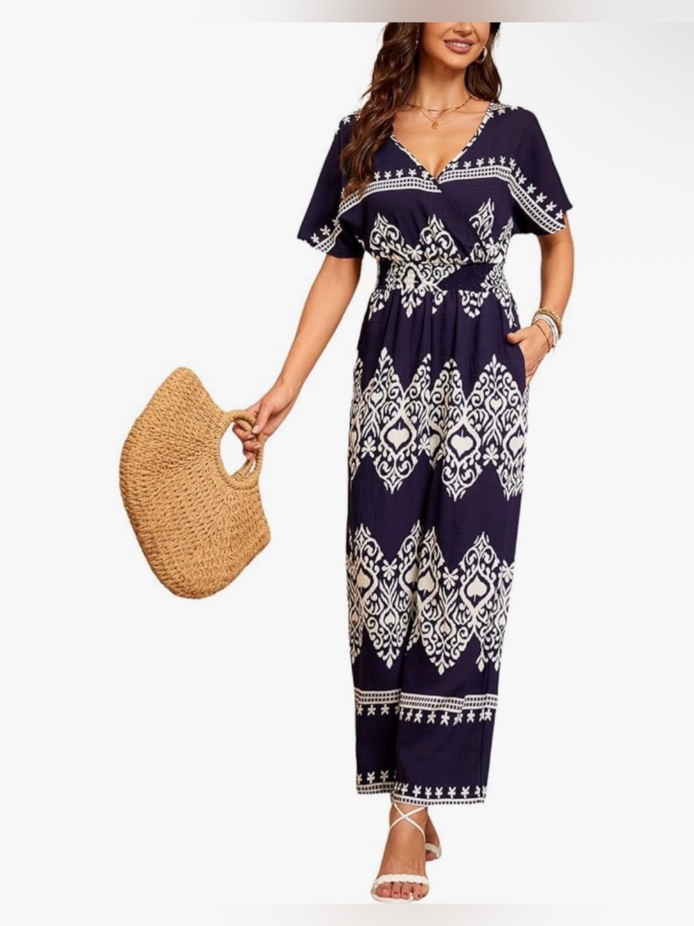 Navy Printed V-Neck Short-Sleeve Jumpsuit